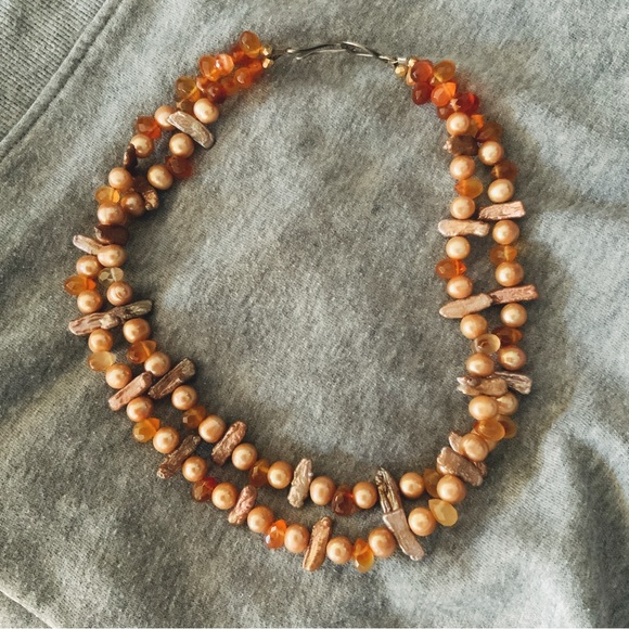 Amber Agate Biwa Pearl Sterling Double Layered Choker Necklace OOAK Handmade - Picture 2 of 16